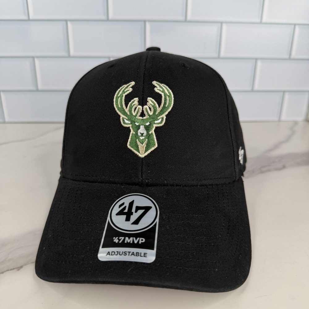 Milwaukee Bucks Hat Cap Strap Back Mens One Size Black Basketball 47 MVP NWOT